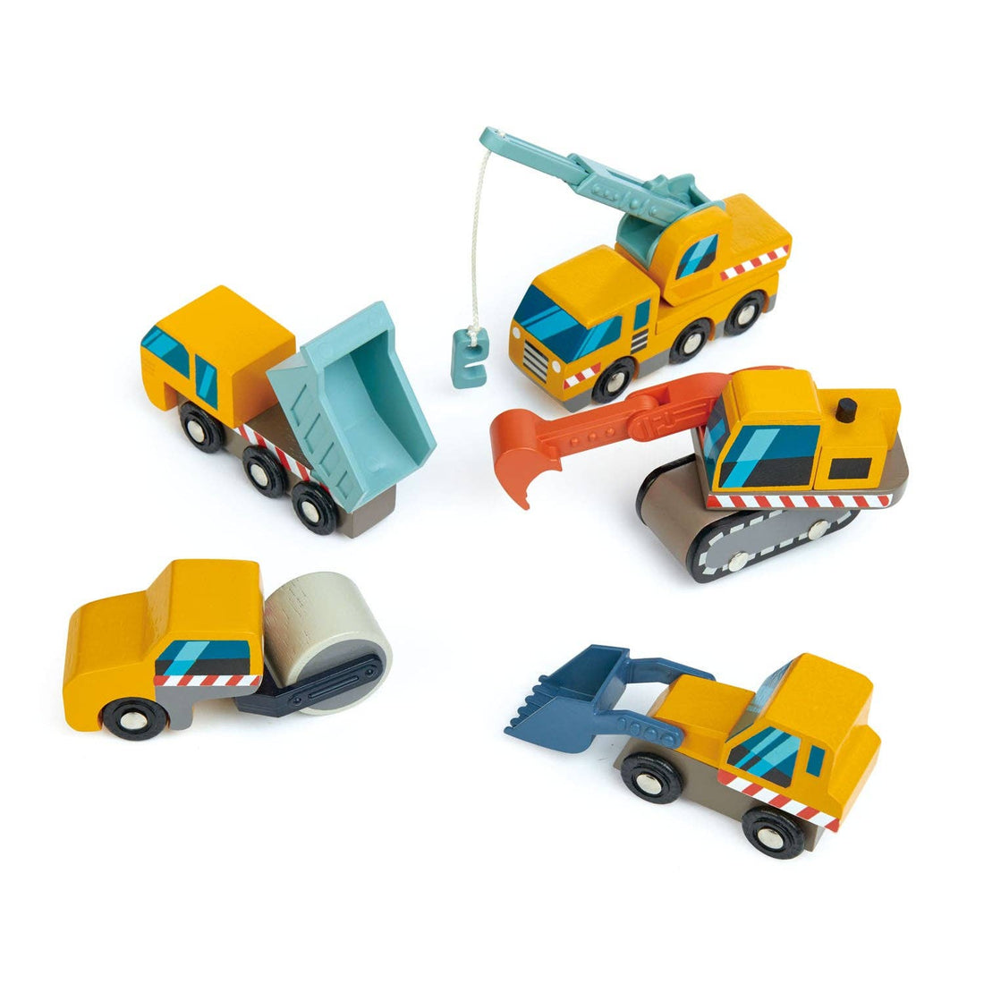 Building Site Wooden Play Vehicles Set - Digger, Crane, Dump Truck - Imagination Wooden Toys