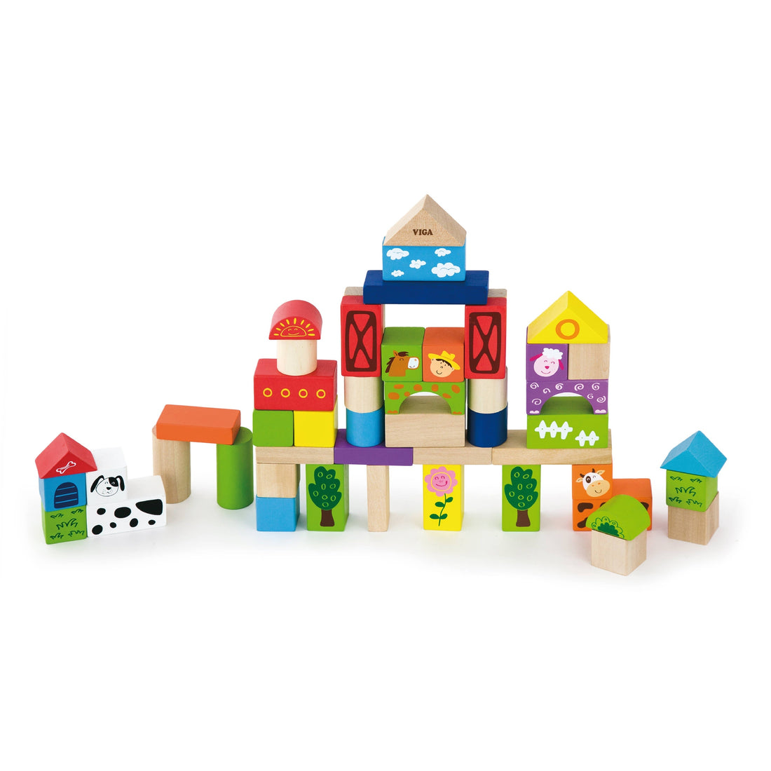 Farm Yard Wooden Building Stacking Blocks - 50 Piece Tub Set - Imagination Wooden Toys