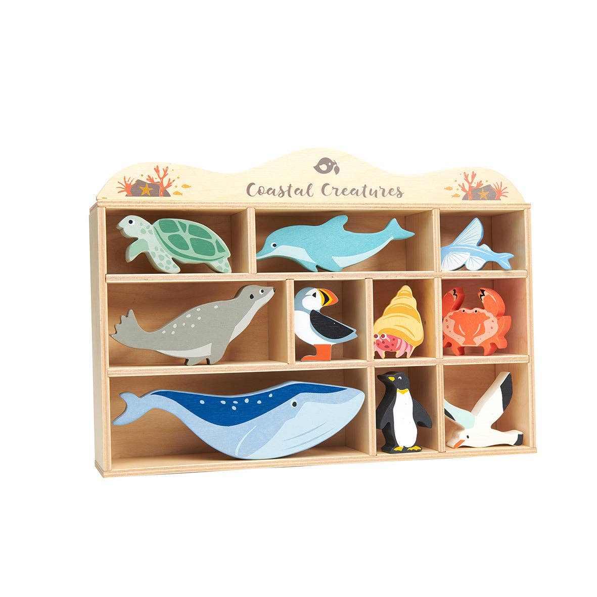 Wooden Sea & Costal Animals and Shelf Set - 10 Sea Creatures - Imagination Wooden Toys