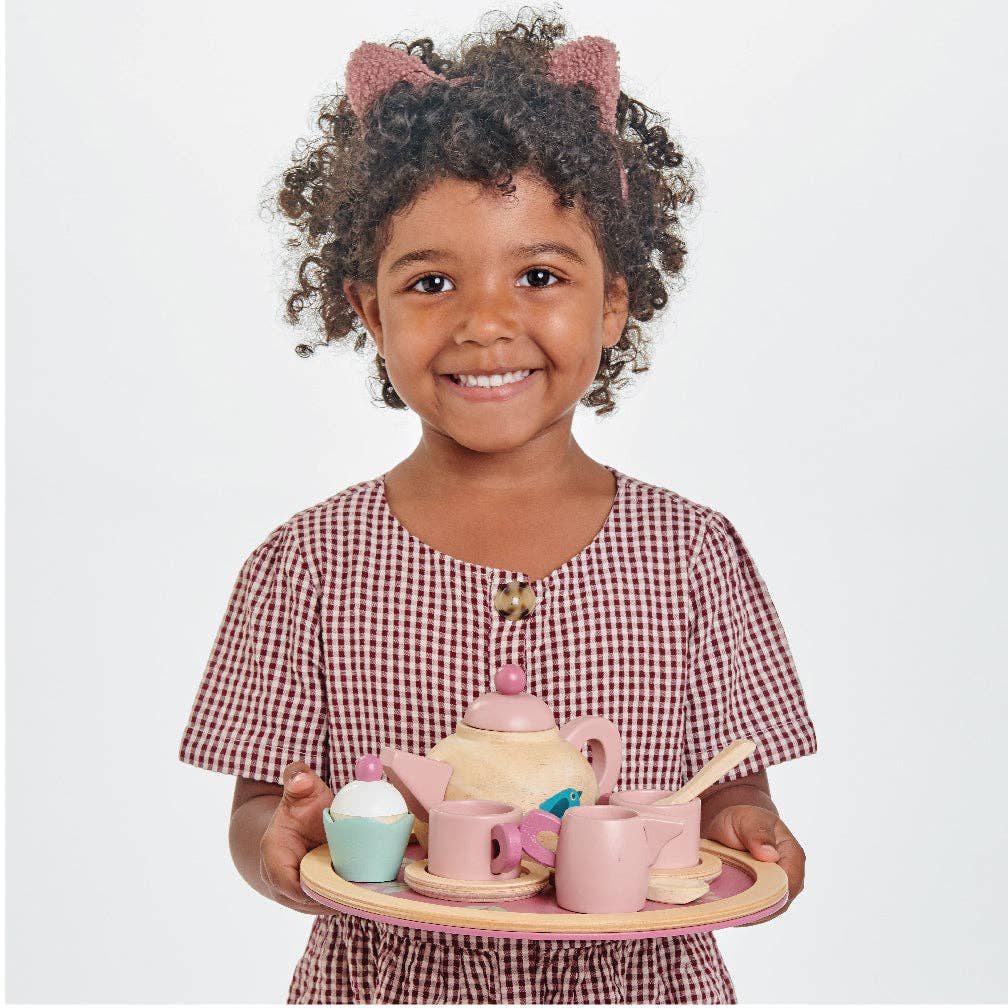 Birdie Tea Tray Set - Wooden Role Play Toy featuring a pink and natural wood tea set with a bird motif, including a teapot, cups, saucers, and accessories.