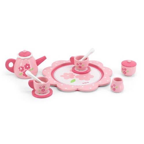 Pink Flower Tea Tray Set Wooden Role Play Toy - Imagination Wooden Toys