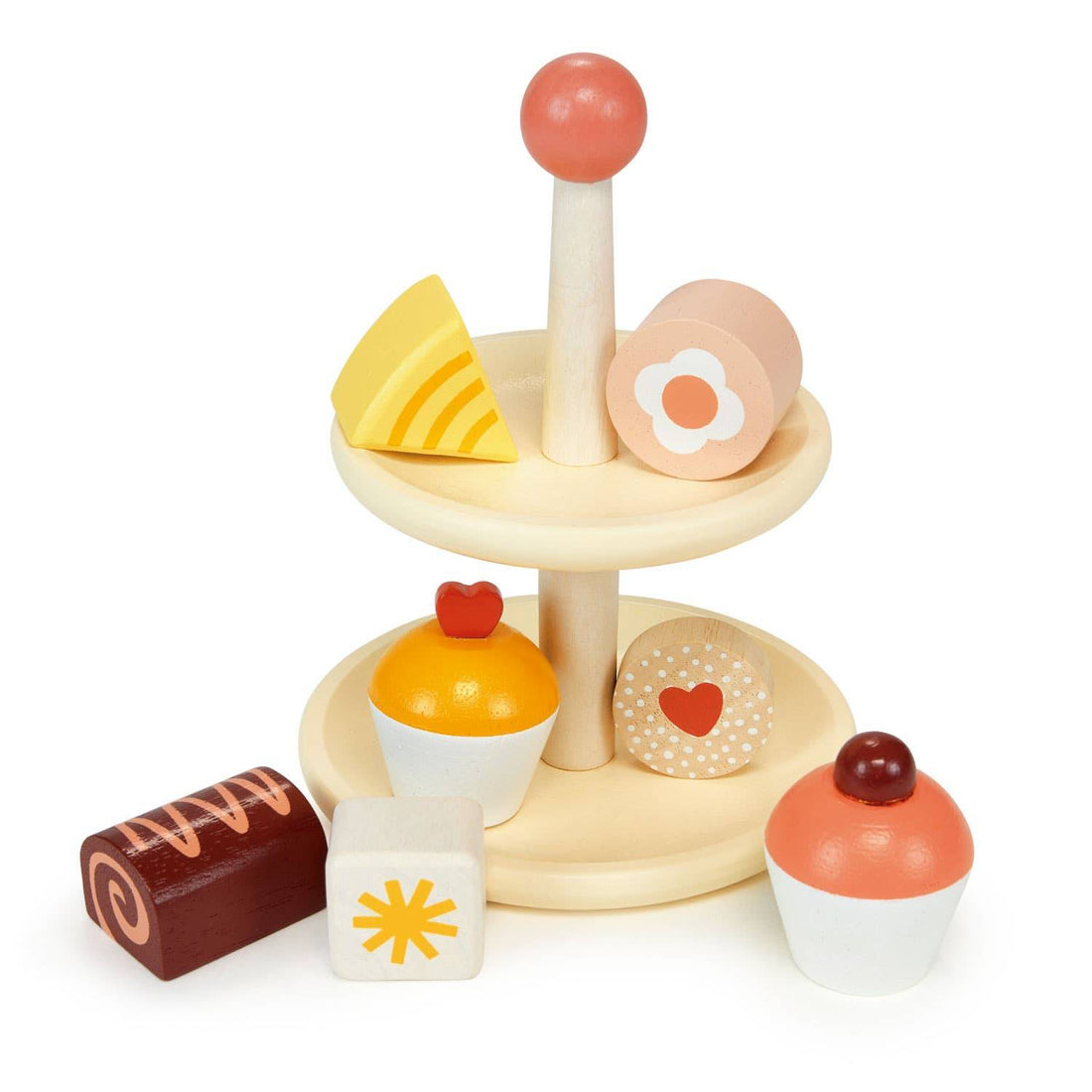 Small Wooden Tea Party Cupcake Stand & Cakes - Pretend Play Food - Imagination Wooden Toys