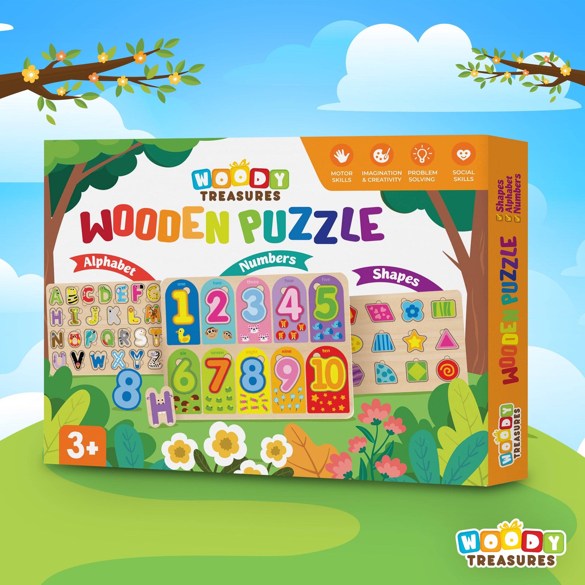 Wooden Puzzles 3 Pack , Alphabet, Numbers & Shapes - Woody Treasures - Imagination Wooden Toys