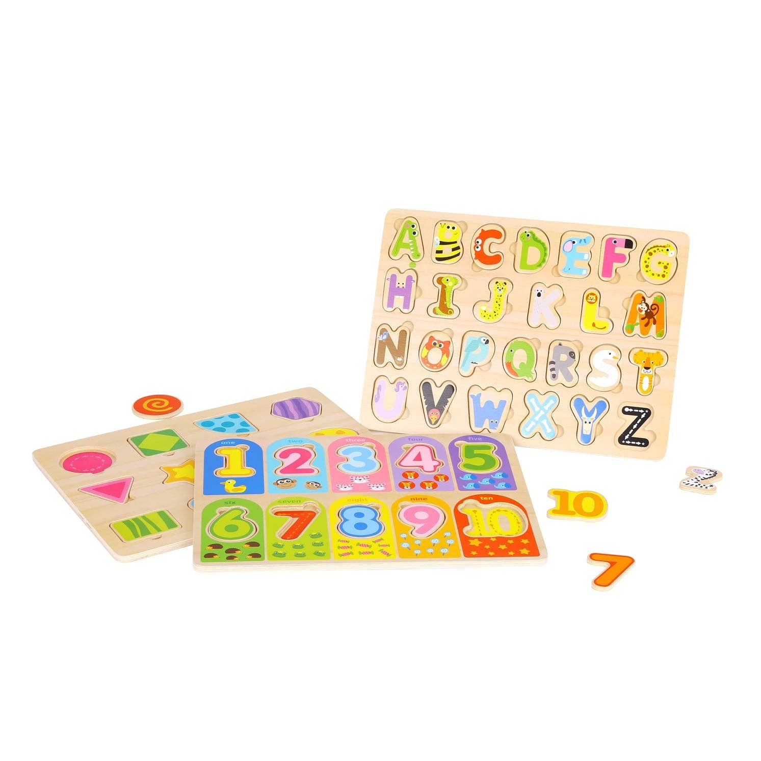 Wooden Puzzles 3 Pack , Alphabet, Numbers & Shapes - Woody Treasures - Imagination Wooden Toys