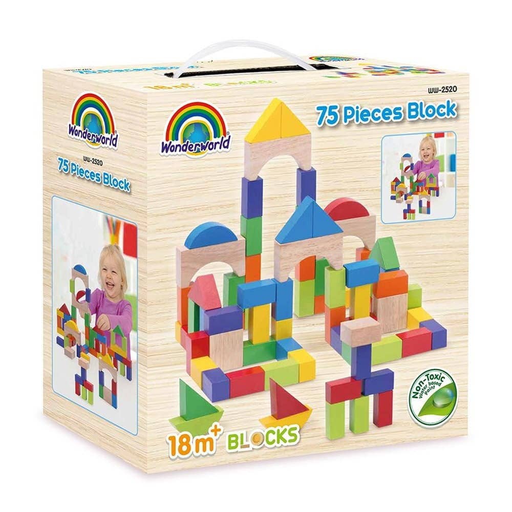 Colourful Wooden Building Stacking Blocks - 75 Piece Box Set - Imagination Wooden Toys