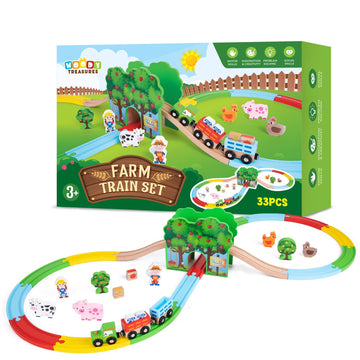 Wooden Farm Train Set & Animals: 33 Pieces - Woody Treasures - Imagination Wooden Toys