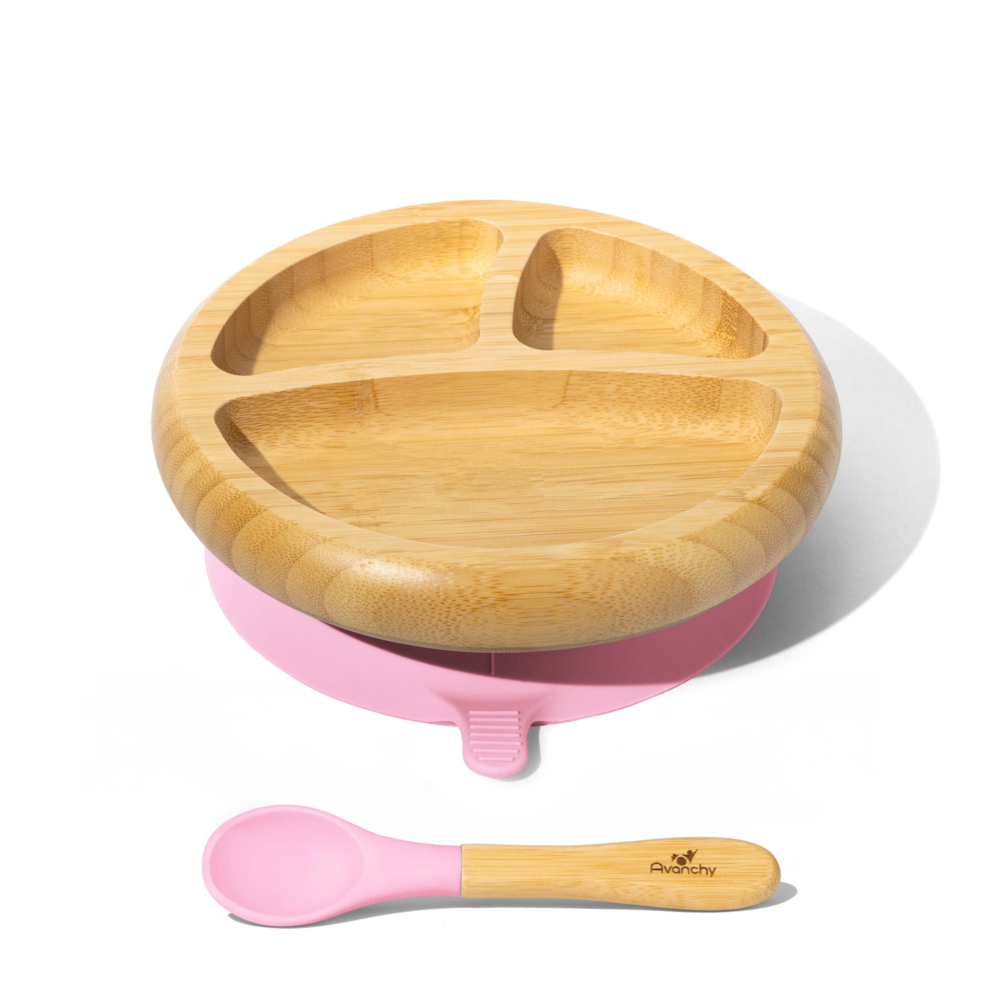 Avanchy Baby Bamboo Stay Put Suction Feeding Plate + Spoon: Pink - Imagination Wooden Toys