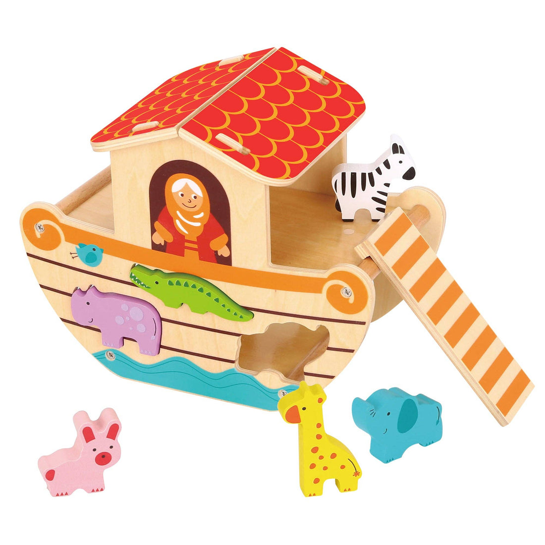 Small Wooden Noah's Ark Shape Sorter Toy with 12 Animals - Woody Treasures - Imagination Wooden Toys