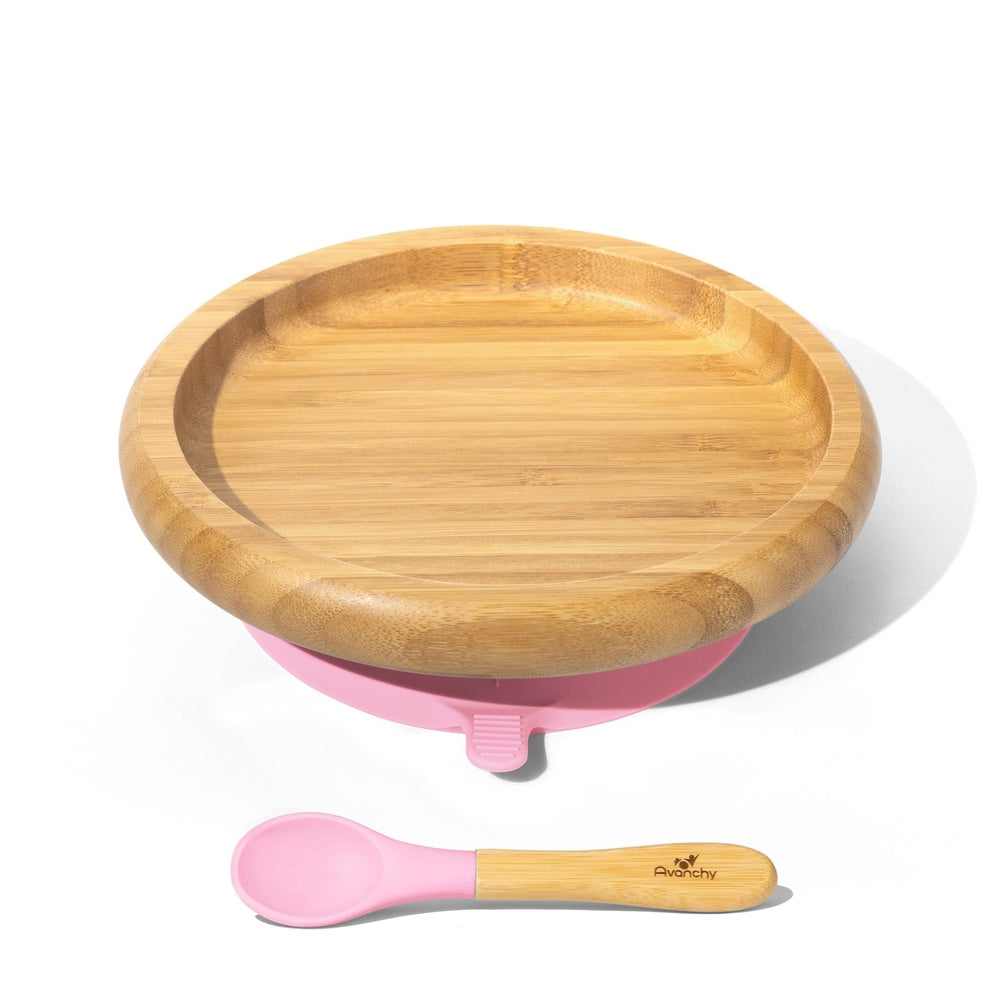 Avanchy Bamboo Suction Baby Classic Plate + Spoon: Pink - Imagination Wooden Toys