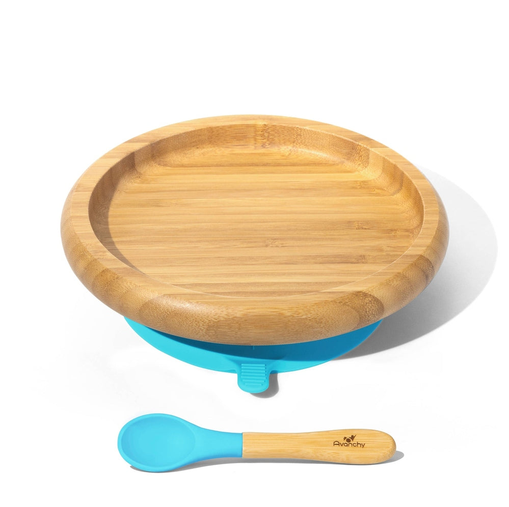 Avanchy Bamboo Suction Baby Classic Plate + Spoon: Blue - Imagination Wooden Toys