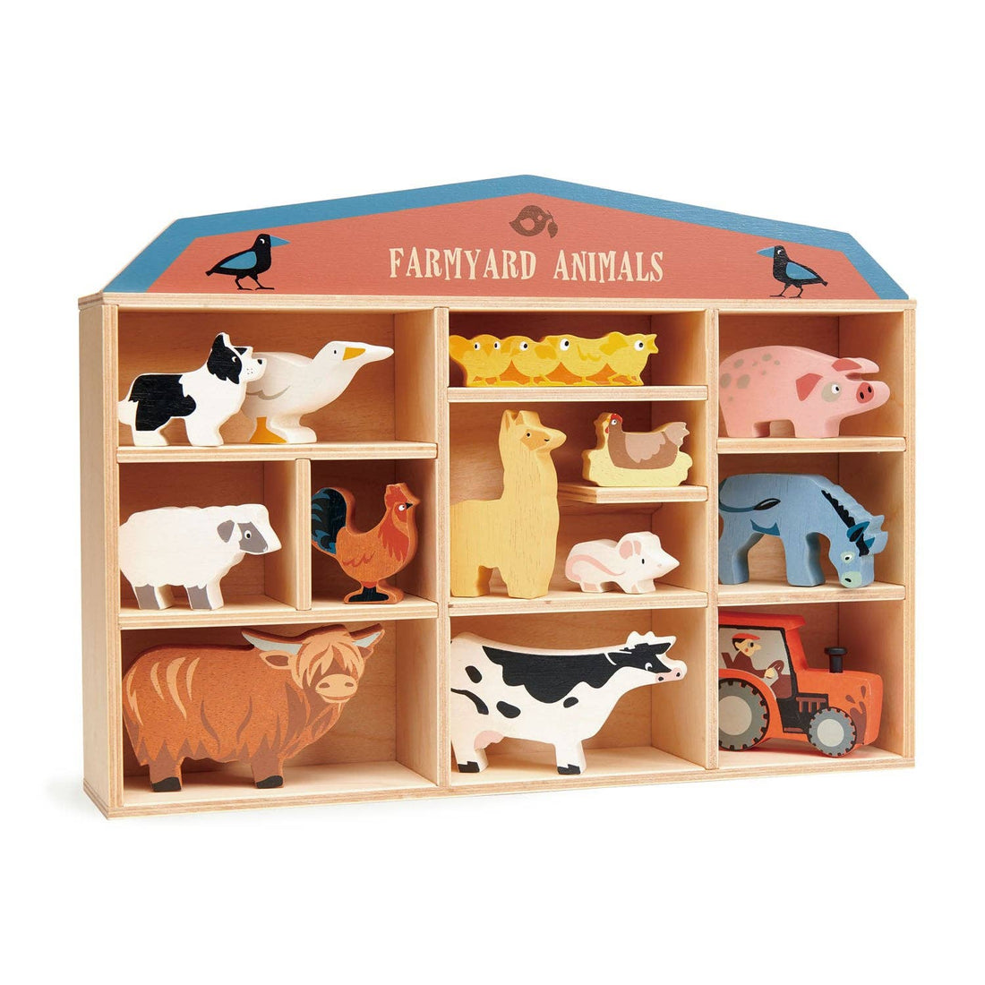 Wooden Farmyard Animal Set & Storage Shelf - 13 Farm Animals - Imagination Wooden Toys