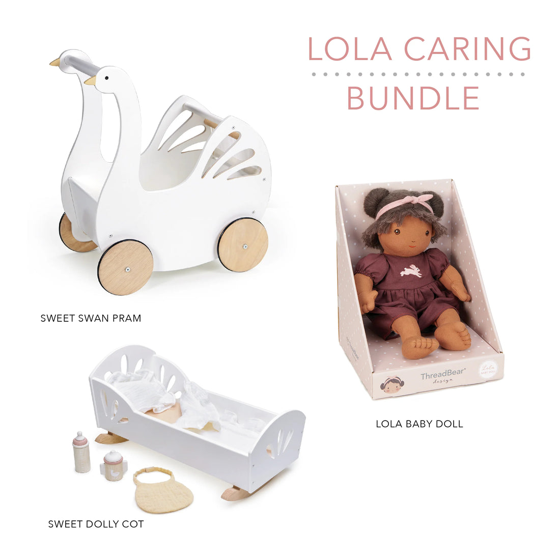 Lola Dolly Care Bundle - Rag Doll, Wooden Crib & Wooden Pram - Imagination Wooden Toys