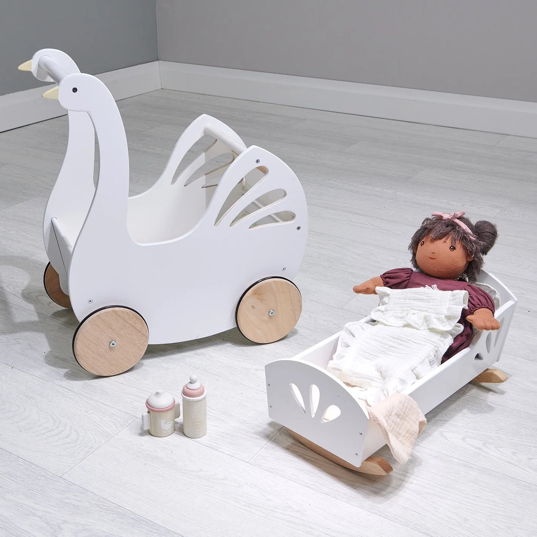 Lola Dolly Care Bundle - Rag Doll, Wooden Crib & Wooden Pram - Imagination Wooden Toys