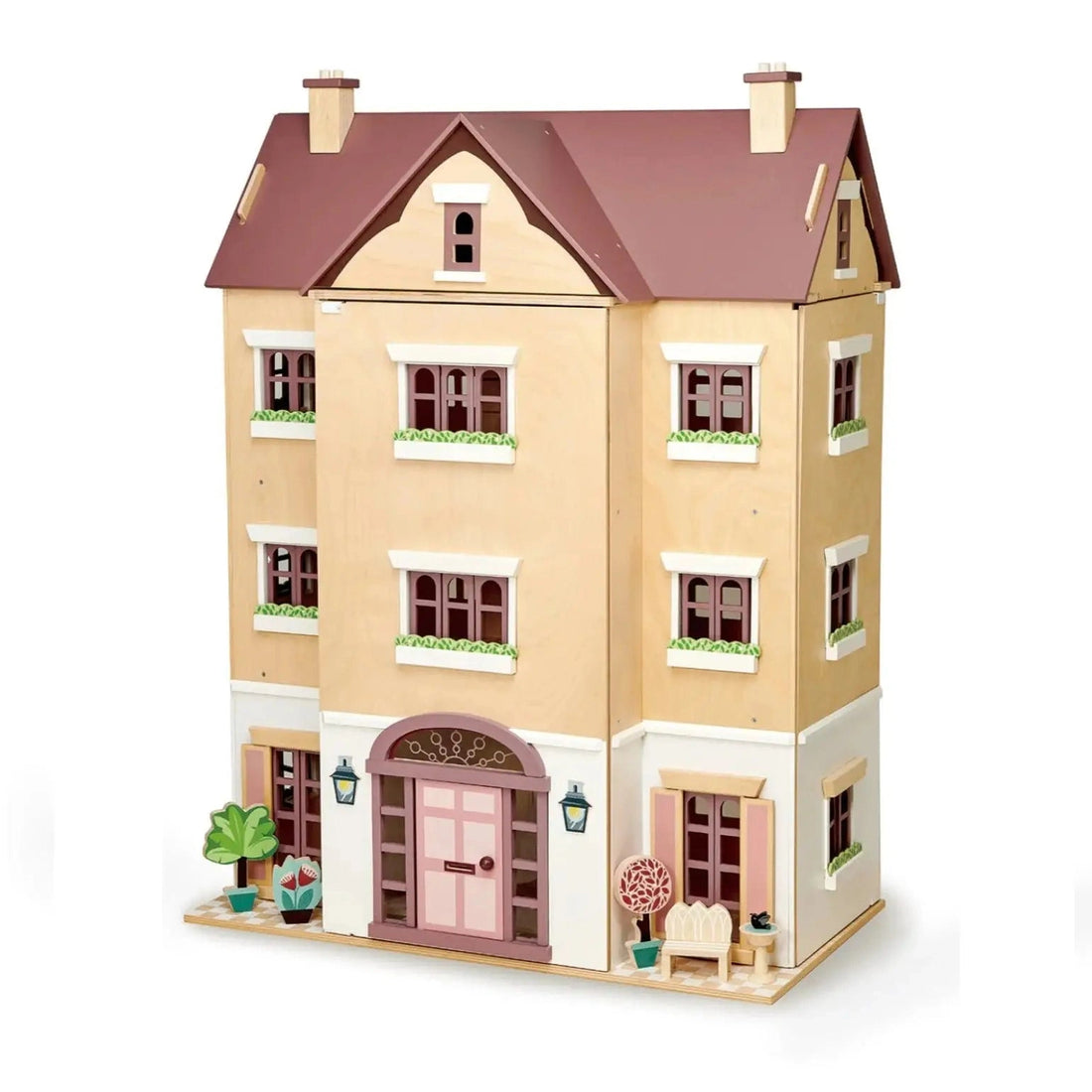 Fantail Hall deluxe wooden dolls house with elegant four-story design, featuring realistic windows, doors, and charming exterior details.