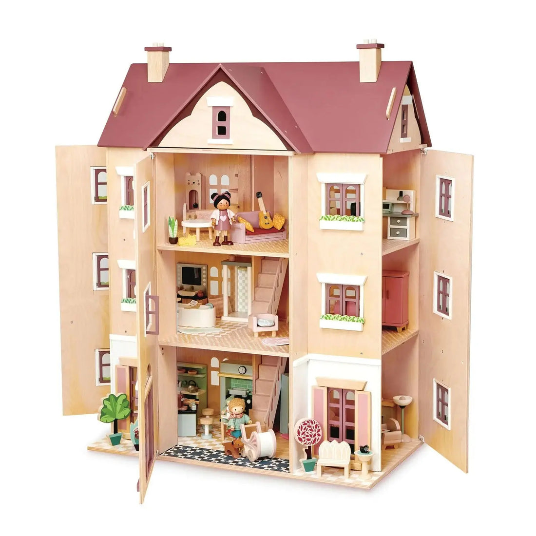 Fantail Hall deluxe wooden dolls house with elegant four-story design, featuring realistic windows, doors, and charming exterior details.