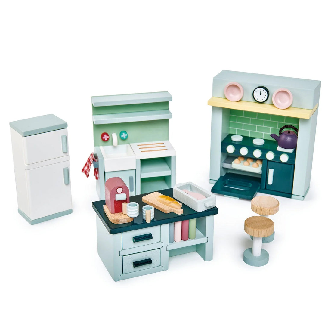 Wooden kitchen furniture set from the Dovetail House Bundle, including a fridge, stove, sink, and accessories for imaginative dollhouse play.