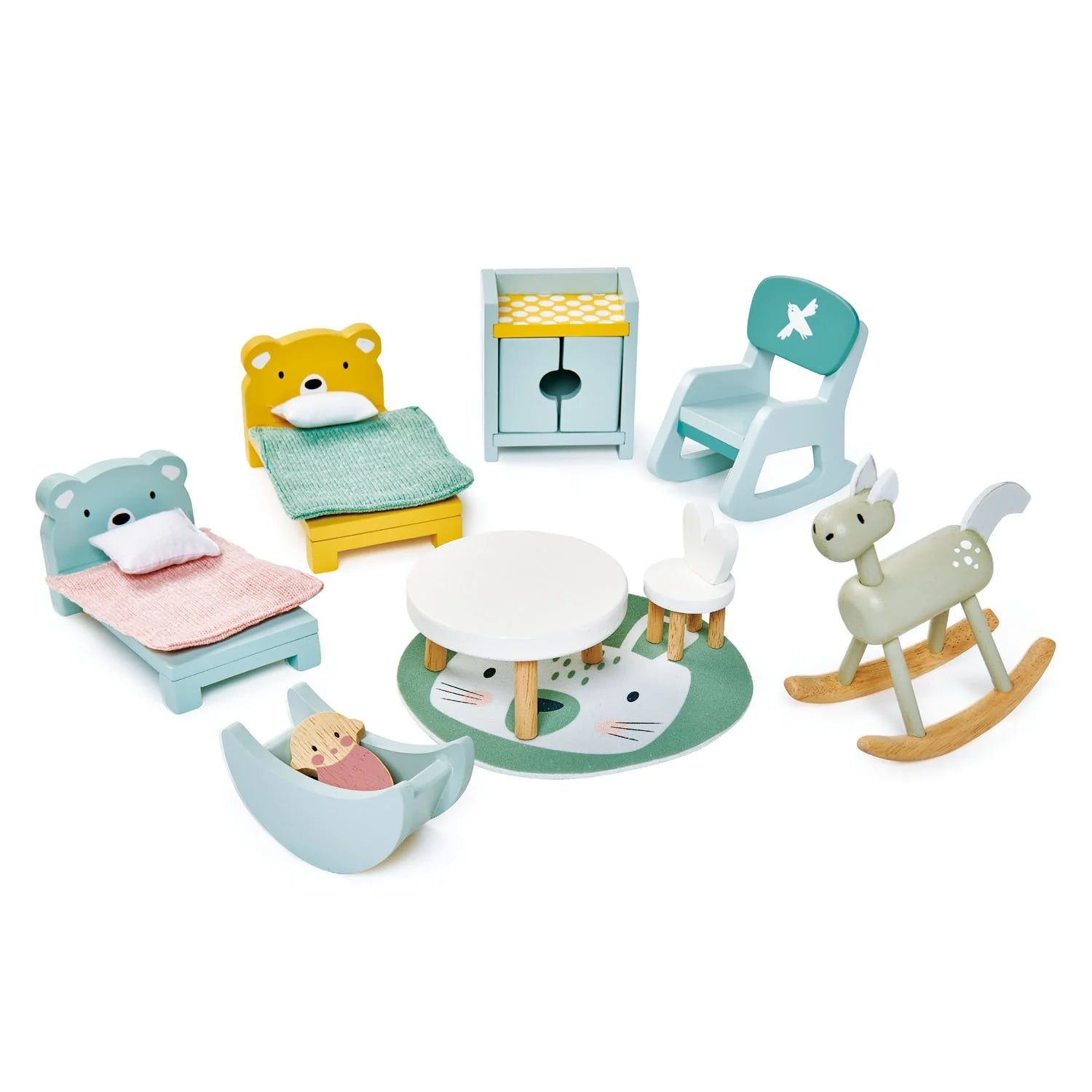 Kids' room furniture set for the Dovetail House, featuring twin beds, a rocking horse, a table, and a cradle in a playful animal theme.