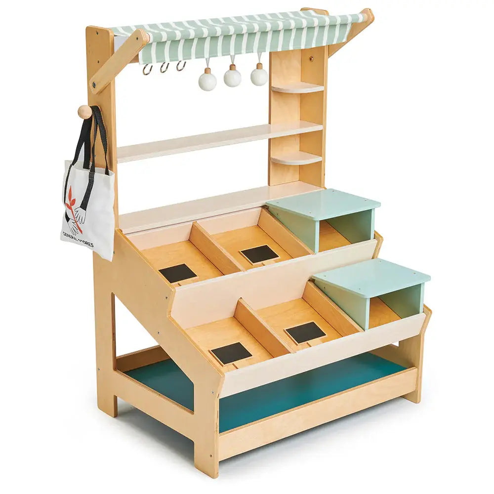 Market Day Stall Bundle General Stores, Scales, Grocery Set, 4 x Food Crates - Wooden Role Play Toy Set - Imagination Wooden Toys