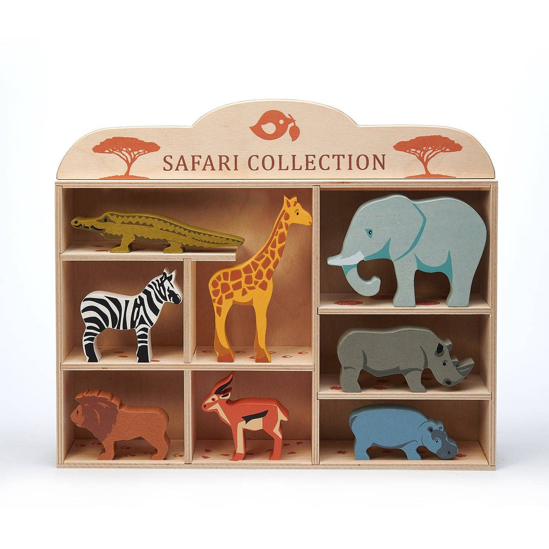 Wooden Safari Animals & Shelf Set - 8 Wild Animals of the Savanna - Imagination Wooden Toys