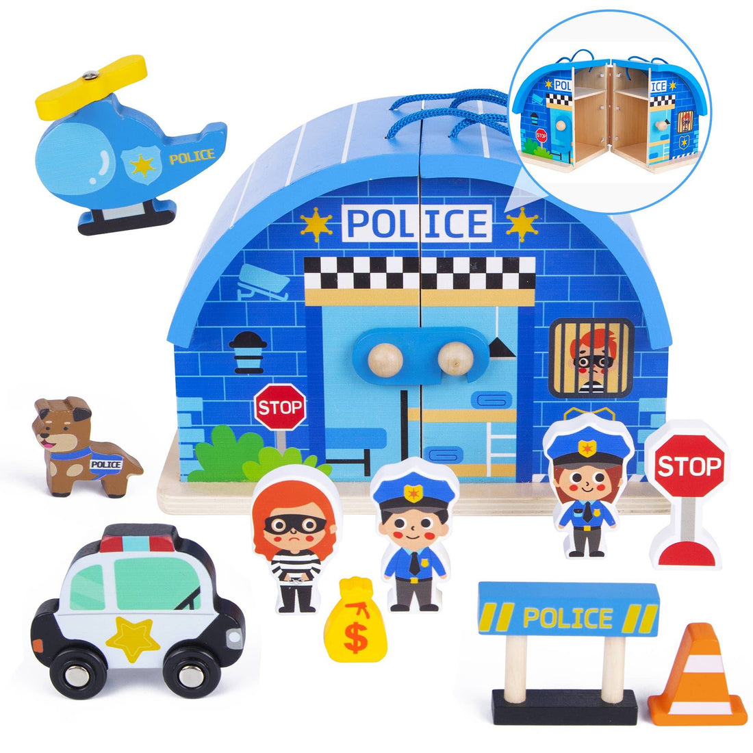 Small Wooden Police Station Play Set - Woody Treasures - Imagination Wooden Toys