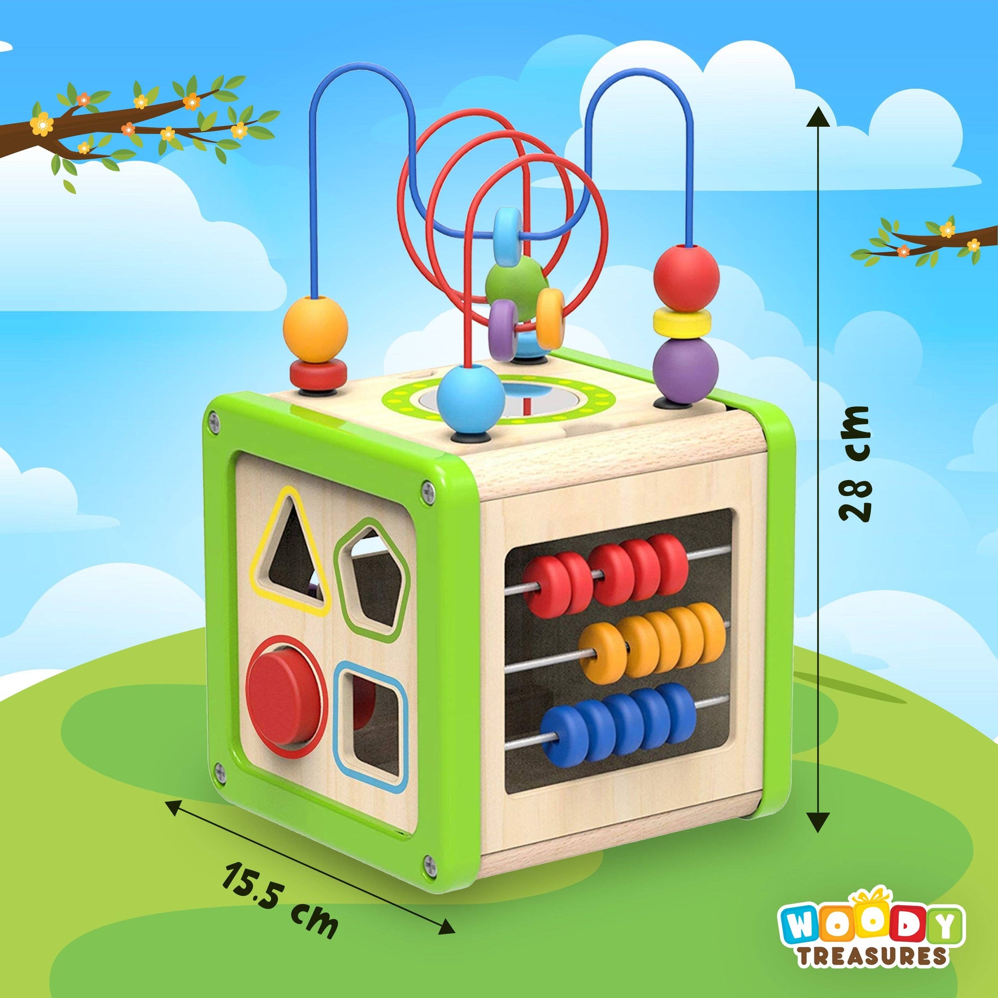 Small Wooden Activity Play Cube - 5 Activities: Woody Treasures - Imagination Wooden Toys