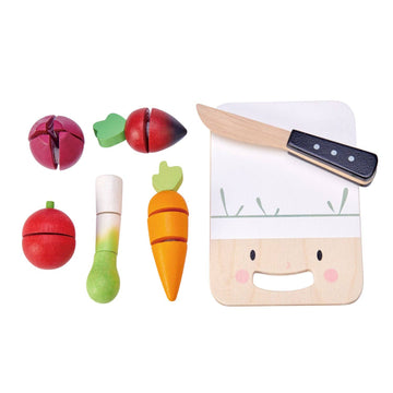 Mini Chef Vegetable Chopping Board - Wooden Toy set featuring a smiling wooden board, toy knife, and colorful wooden vegetables for pretend play.