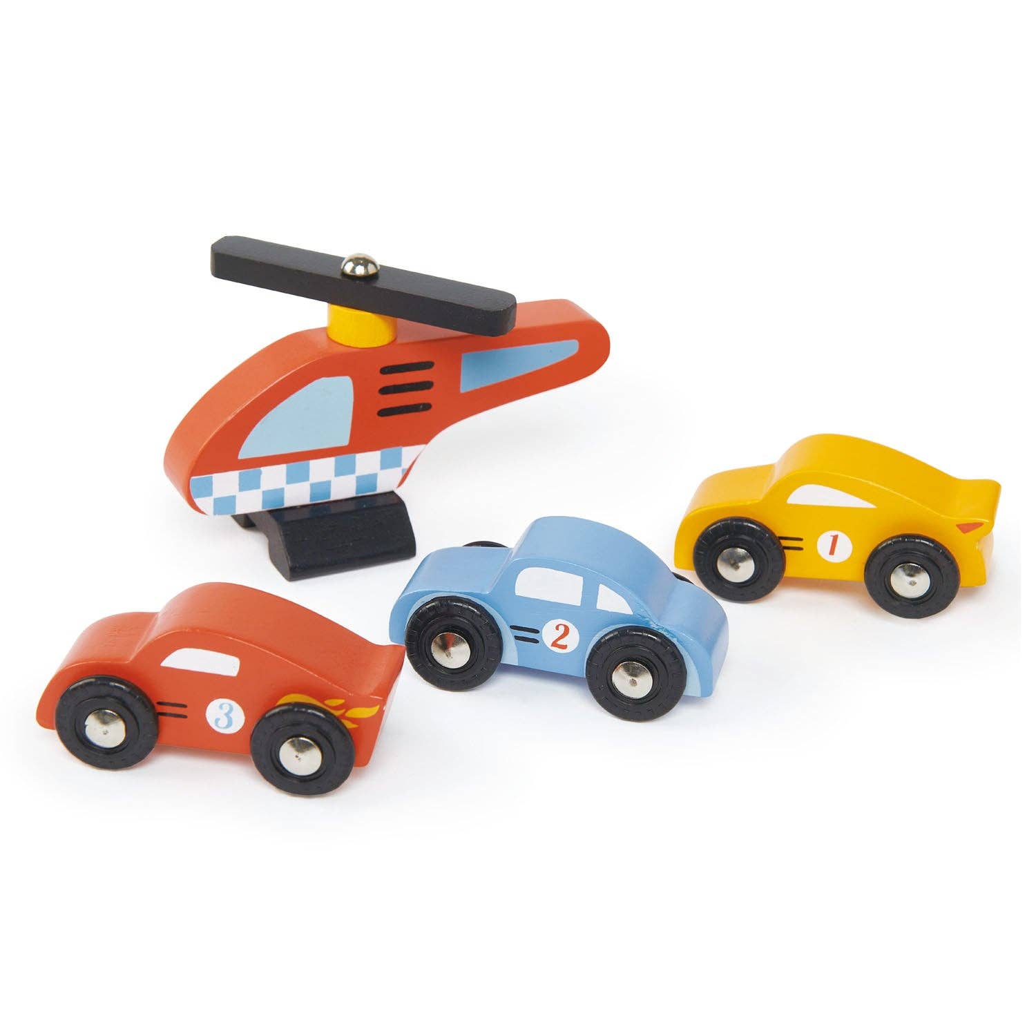 Wooden toy set with three cars and a helicopter.