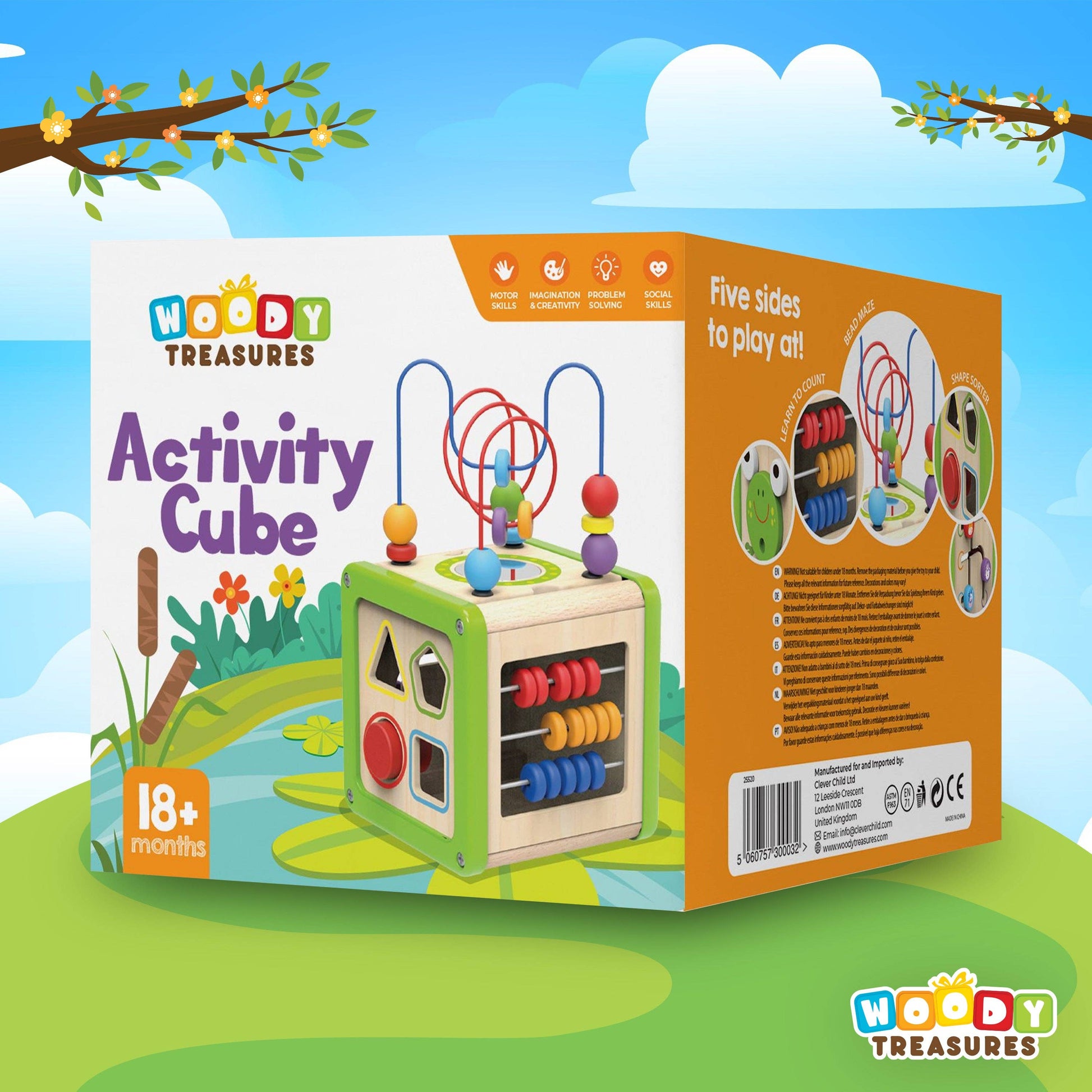 Small Wooden Activity Play Cube - 5 Activities: Woody Treasures - Imagination Wooden Toys