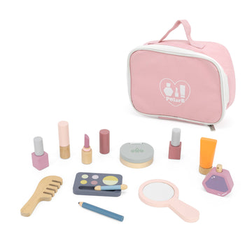 PolarB Make Up Cosmetics Beauty Set - Wooden Toy with pink carrying case and wooden pretend makeup accessories for role-playing fun.