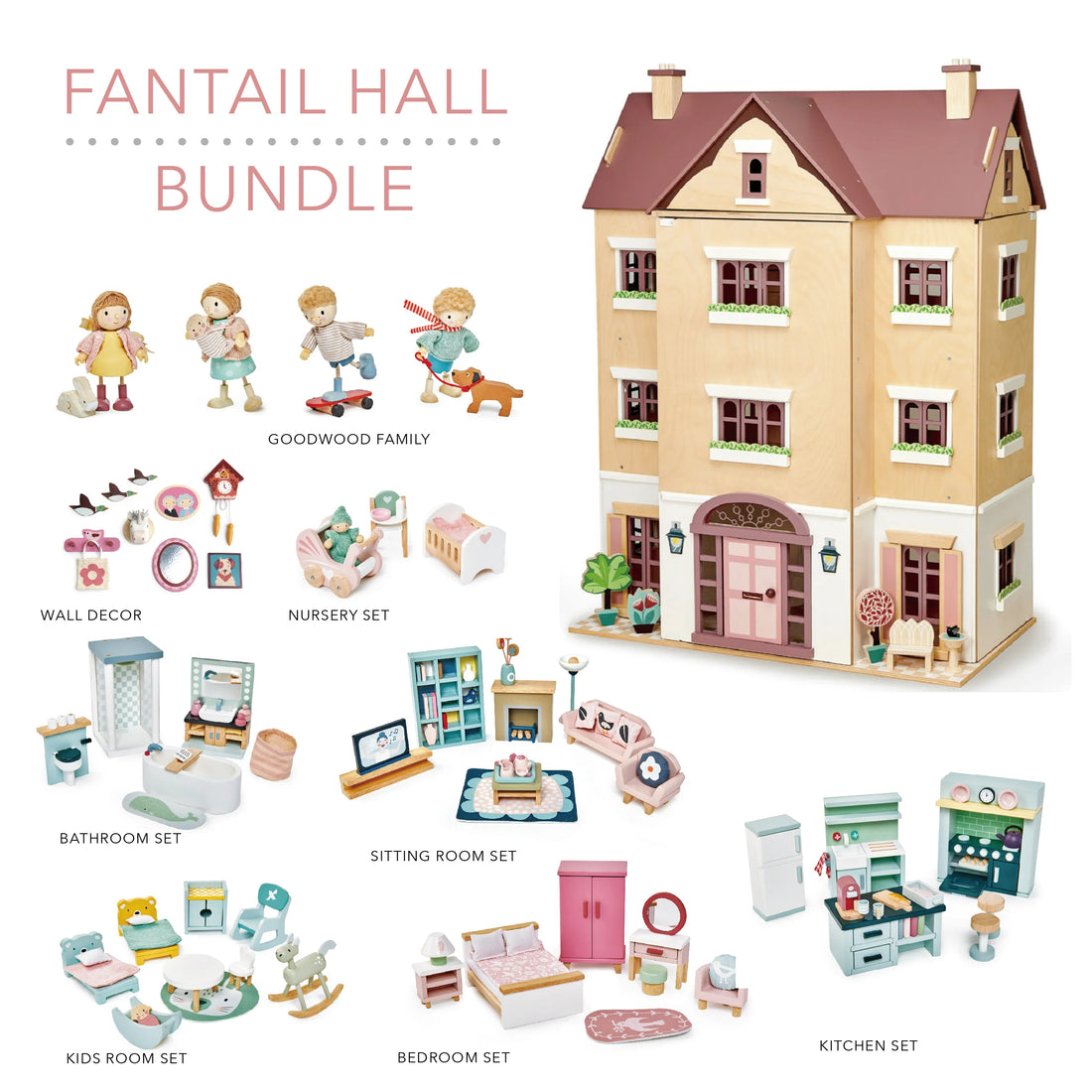 Fantail Hall deluxe large wooden dolls house with furniture bundle, featuring a grand four-story design with accessories and doll family.