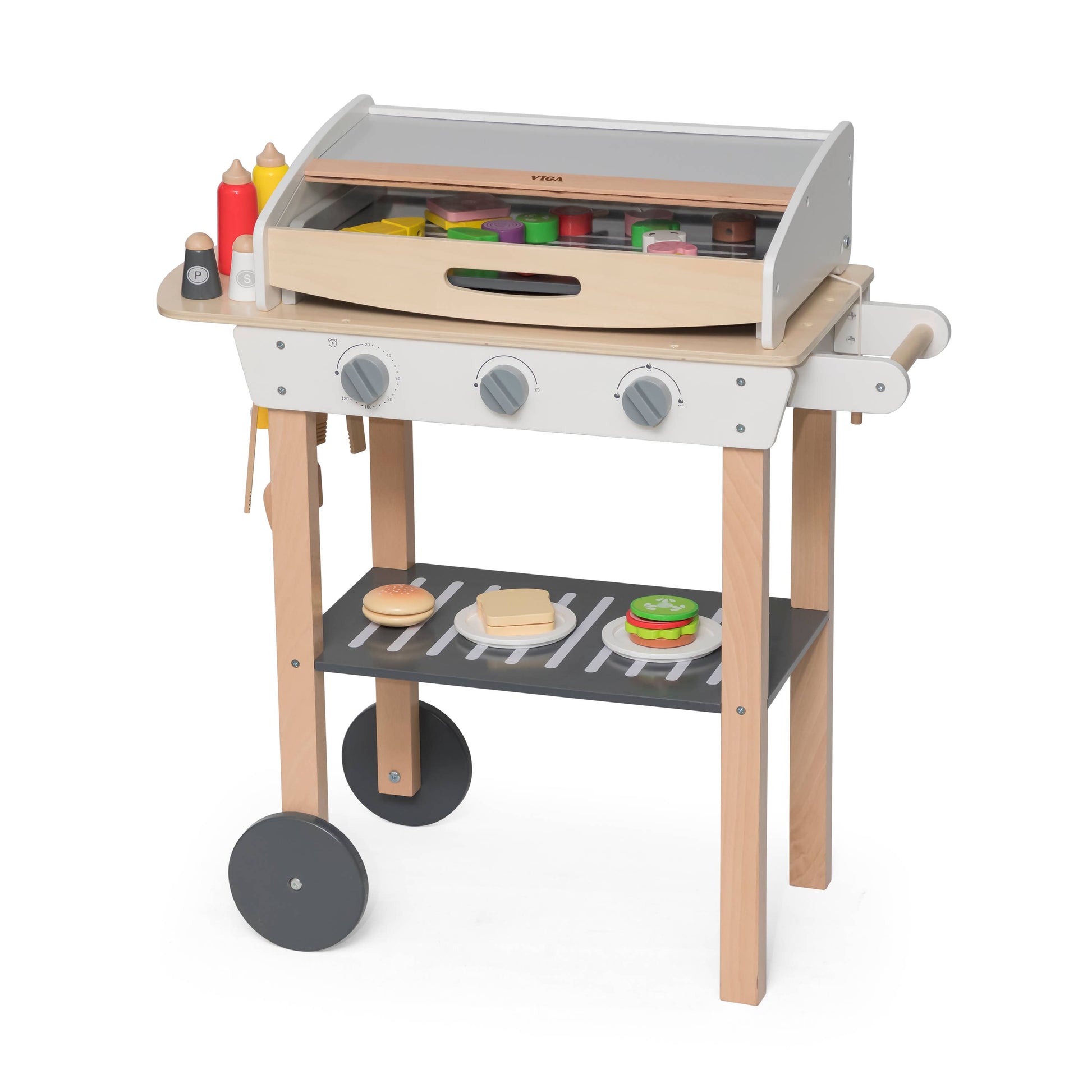 Wooden barbecue play set with a closed lid, showcasing realistic knobs, utensils, and play food. Perfect for pretend cooking fun.