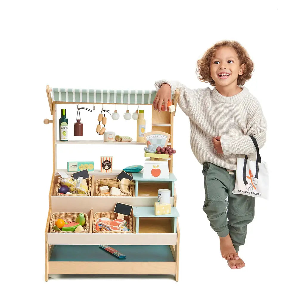 Market Day Stall Bundle General Stores, Scales, Grocery Set, 4 x Food Crates - Wooden Role Play Toy Set - Imagination Wooden Toys