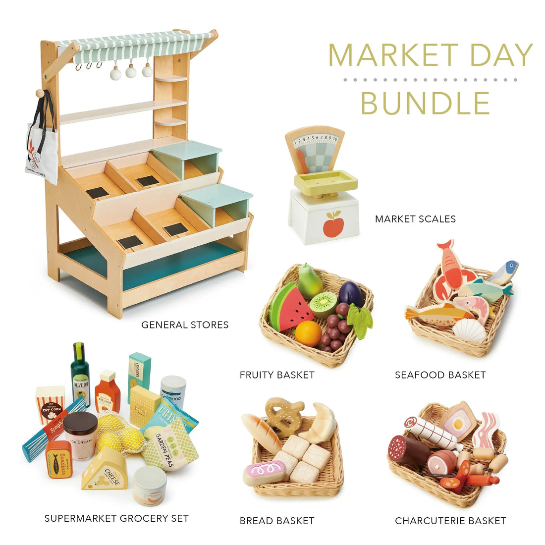 Market Day Stall Bundle General Stores, Scales, Grocery Set, 4 x Food Crates - Wooden Role Play Toy Set - Imagination Wooden Toys