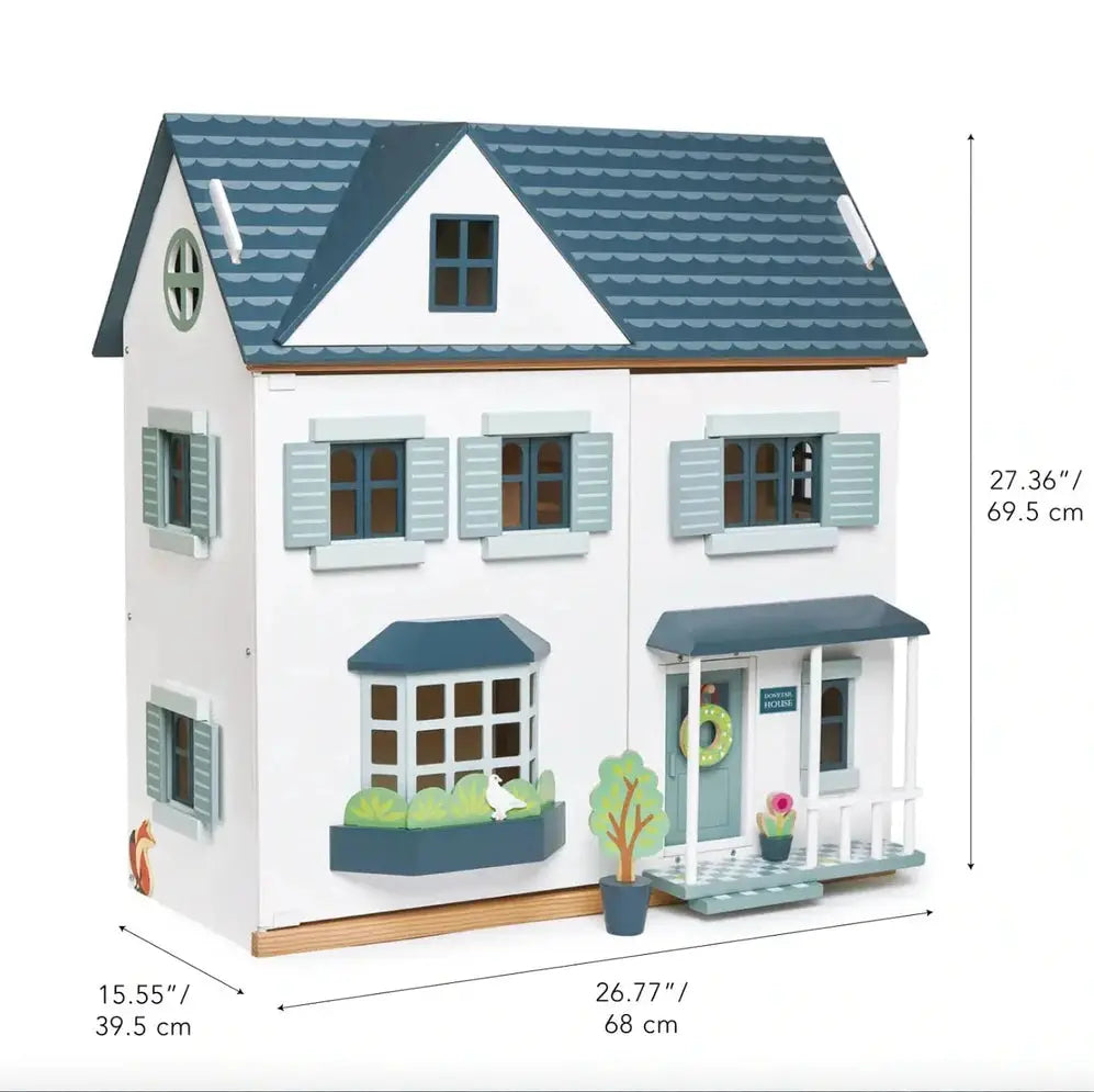 Dovetail House Wooden Dolls House dimensions displayed, measuring 27.36 inches in height and 26.77 inches in width, ideal for children's playrooms.