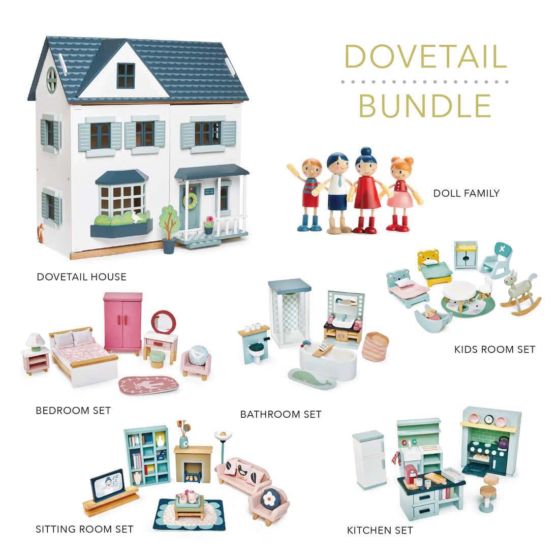 Dovetail House Wooden Dolls House with Furniture Bundle